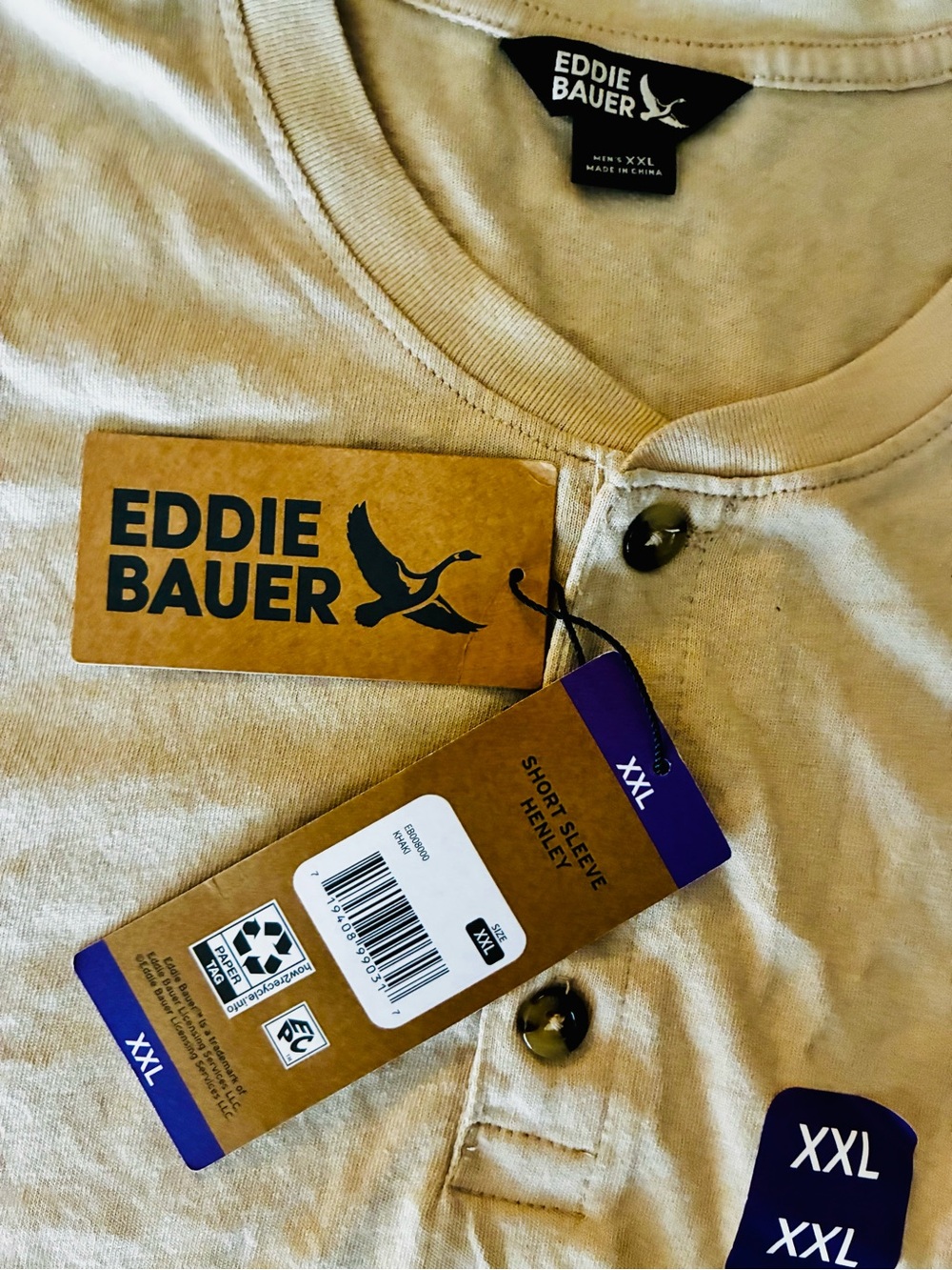BNWT Eddie Bauer Tan Short-Sleeve Henley Tee